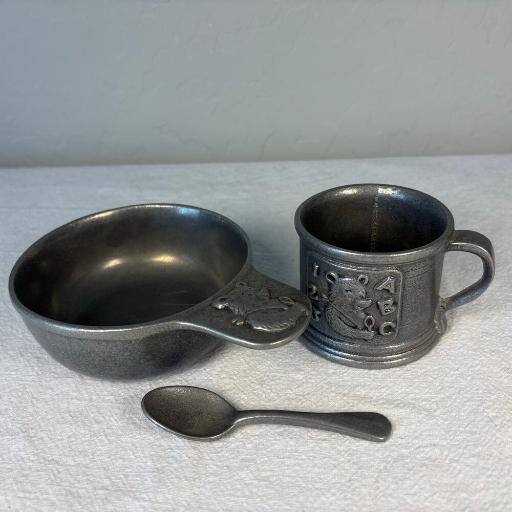 1979 Vintage Carson Pewter Baby Set Teddy Bear ABC 123 Cup Bowl Spoon USA